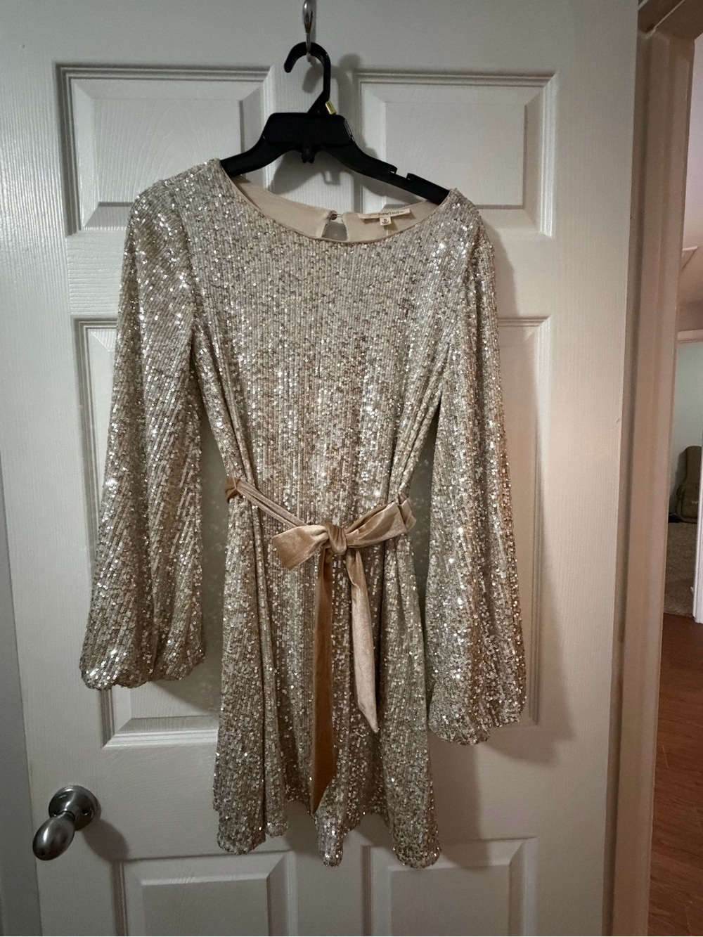Rewind Long Sleeve Sequin Mini Dress in Champagne Gold